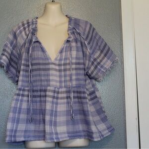 Pilcro & The Letterpress Plaid Fringed Peasant Top Small